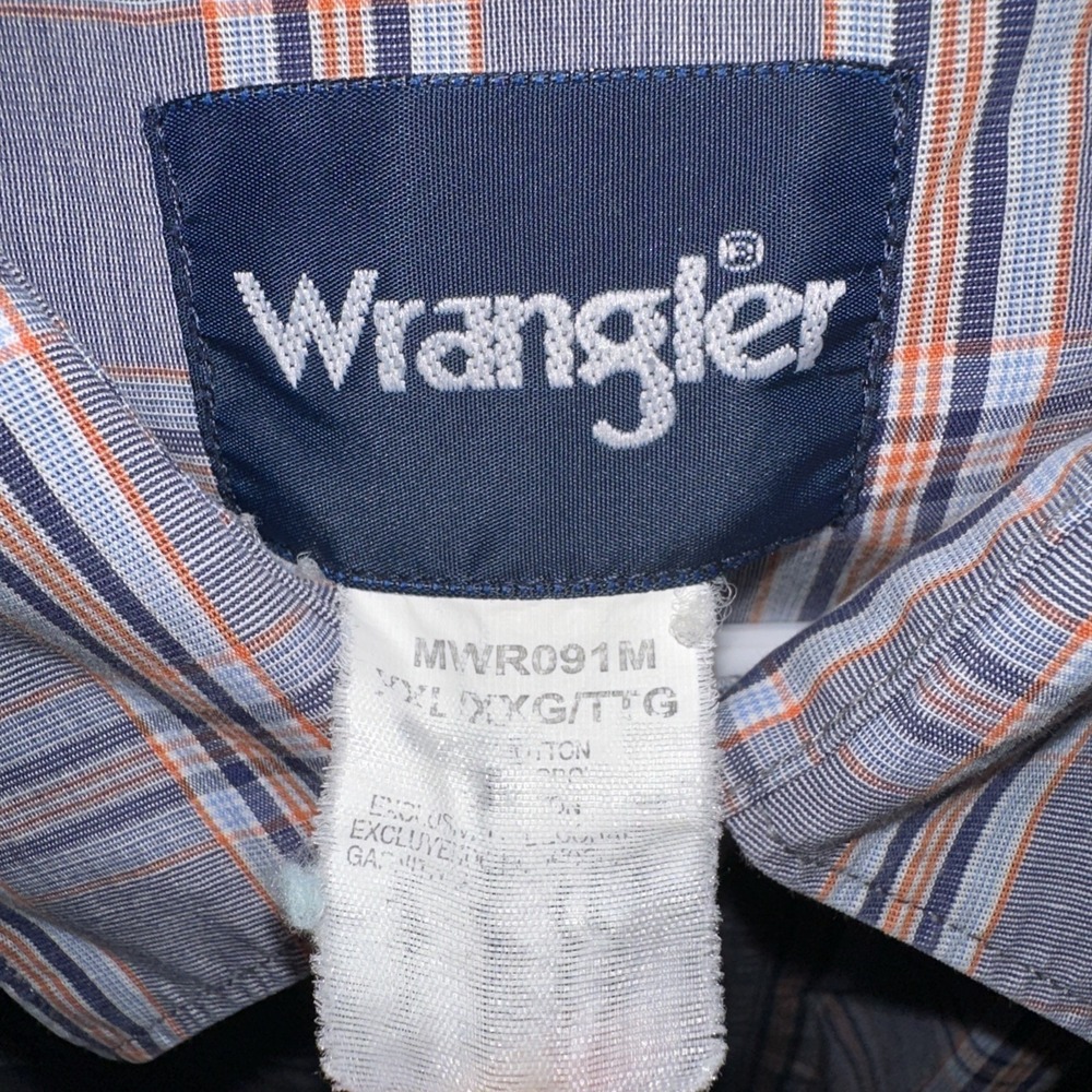 WRANGLER SHIRT‎ MENS PLAID PEARL SNAP WESTERN COWBOY VINTAGE Orange Navy - Picture 3 of 4